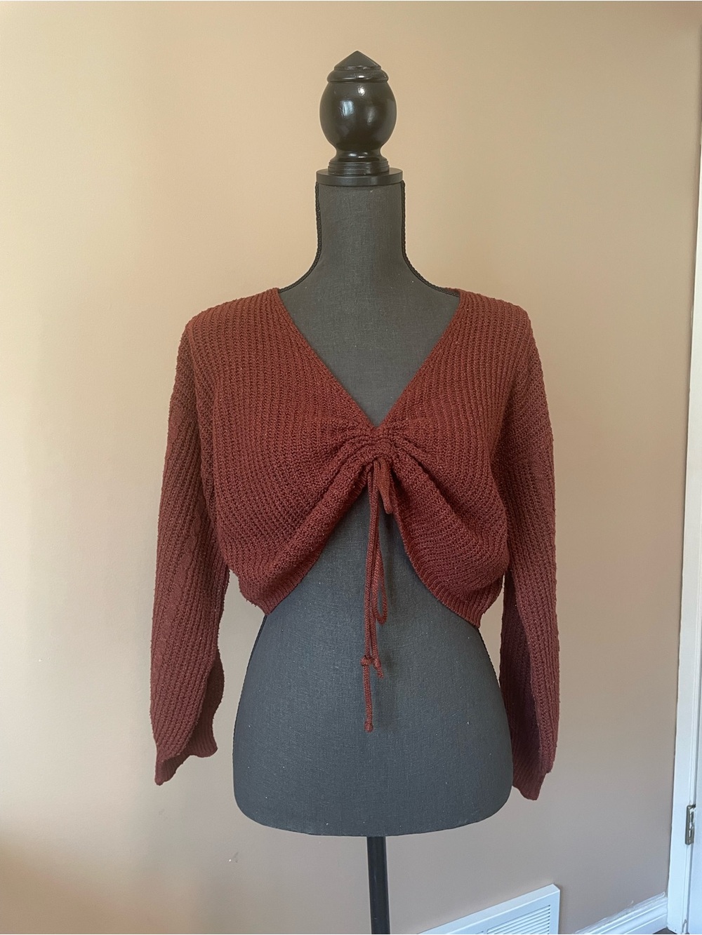 SHEIN Rust Drawstring V-Neck Cropped Sweater